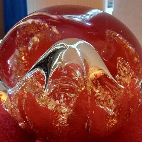 Vintage Huge Center Domed Bubble Lava Red & Gold Flecks Paperweight Cottagecore - Picture 1 of 8